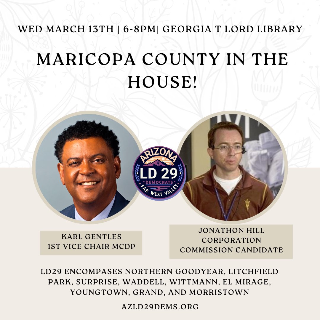azld29Democrats's tweet photo. This month’s meeting is Wed. March 13th, at the 
Georgia T Lord Library in Goodyear, 
1900 N Civic Sq,. 
Social hour is from 530-6pm, meeting from 6-8pm.

https://t.co/ftl74wAaC4

#arizona #glendaleaz #elmirageaz #surpriseaz #litchfieldparkaz #goodyearaz #morristownaz #Buckeyeaz https://t.co/S9VMNR053G