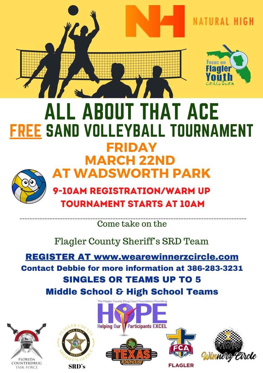 Spring Break FREE Sand Volleyball is on March 22nd starting at 10am. Contact Debbie for more information