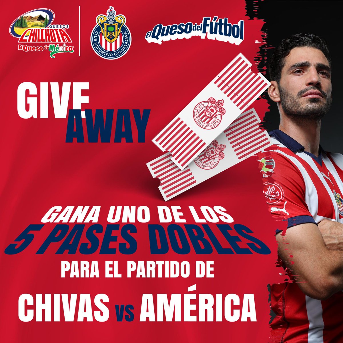 Participa y gana uno de los 5 pases dobles para el partido de <a href="/Chivas/">CHIVAS</a> vs América para este 16 de marzo del 2024!⚽️
 
 Participa cumpliendo estos 3 pasos:
 ☑️ Sigue nuestra cuenta de Twitter <a href="/ChilchotaMx/">Chilchota Mx</a>
 ☑️ Dale RT a esta publicación
 ☑️ Etiqueta a 2 amigos en los comentarios