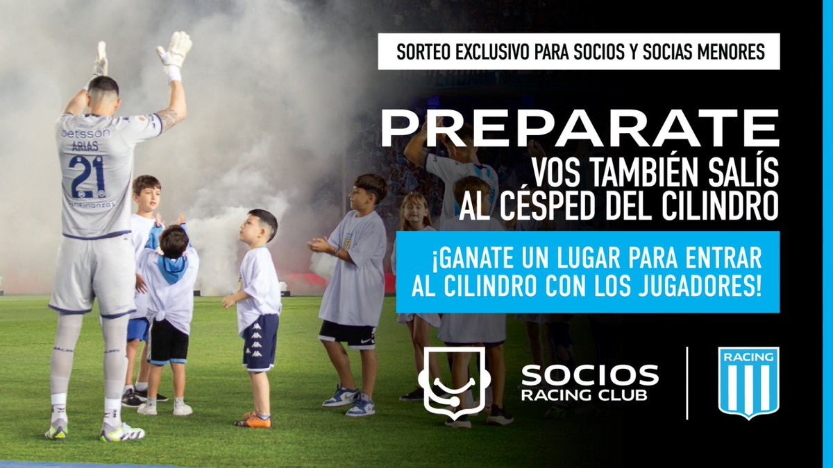 🩵 ¡Sorteo exclusivo! 🤍

Este sábado 16/03 los socios y socias, de entre 6 y 11 años de edad, pueden participar para salir al césped del Cilindro con los jugadores 🏟️

¿Cuáles son los requisitos para participar? 👇

✅ Comentá su nombre, apellido y sus últimos 3 números de