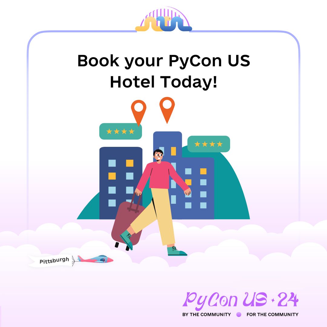 Don't forget to book your hotel in the #PyConUS 2024 hotel block! Deadlines are coming up so don't wait, head to your attendee dashboard and book today! More info: bit.ly/3v8Tuj1

Deadlines:
-Embassy Suites: 4/15/24
-Omni: 4/16/24
-Drury Plaza: 4/24/24
-Westin: 4/25/24