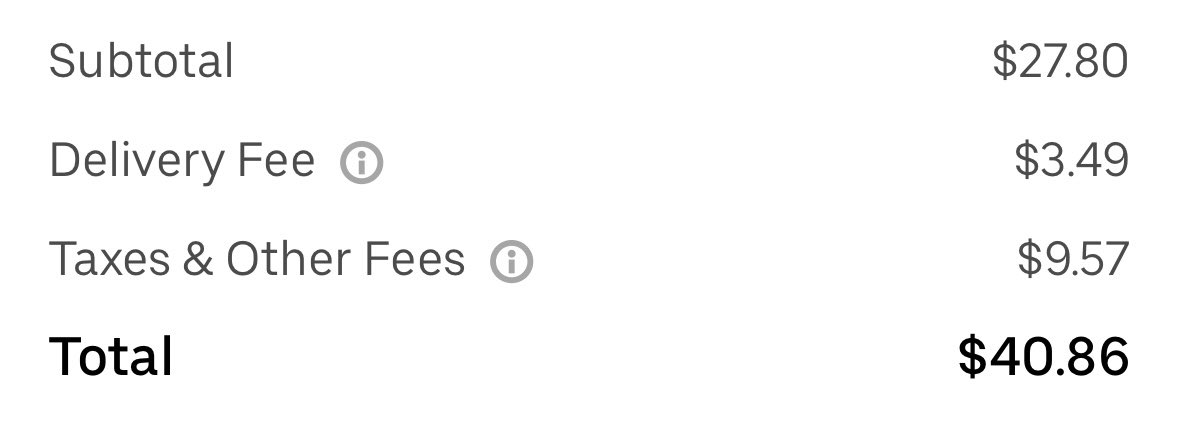 I don’t think a lot of people realize exactly how much extra UberEats and DoorDash tack on ($23 vs $41 for the same Chipotle double barbacoa burrito)