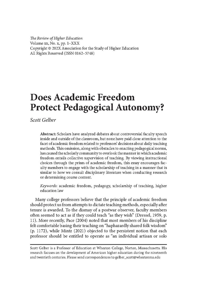 Just dropped! An ahead of print by <a href="/wheaton/">Wheaton College (MA)</a> Dr. Scott Gelber, "Does Academic Freedom Protect Pedagogical Autonomy?" Read new #RHE article: muse.jhu.edu/pub/1/article/…