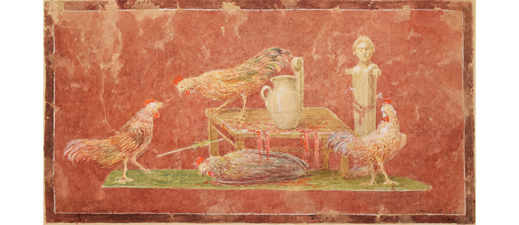 Luigi Bazzani (Bologna 1836 – 1927), Affresco romano con fontana, galli ed erma

Acquarello di cm 18 x 35 firmato in basso a destra.

Provenienza: Arch. Cesare Bazzani (Roma 1873 – 1939).