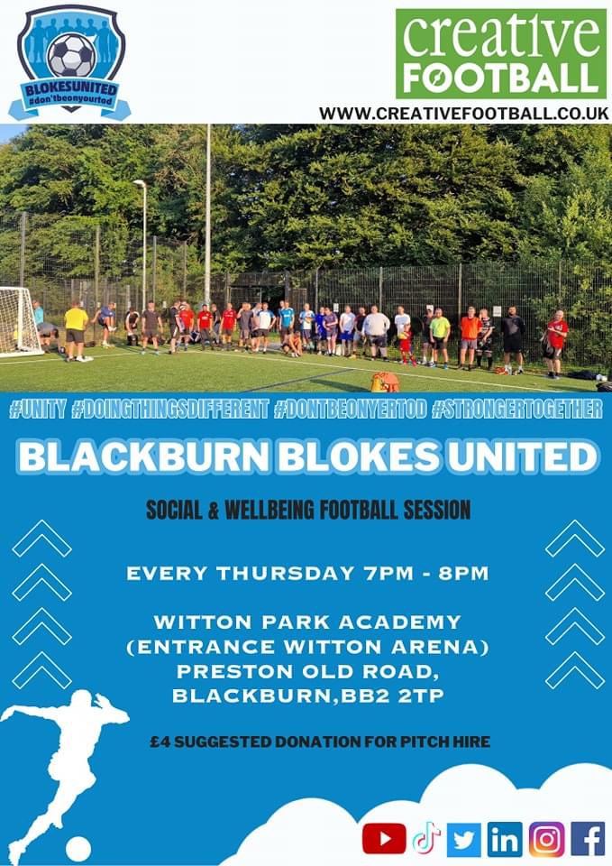 Join us tomorrow night in Blackburn for some casual, social football! No pressure & no sign up! #FootballTherapy & #PeerSupport! #DontBeOnYerTod