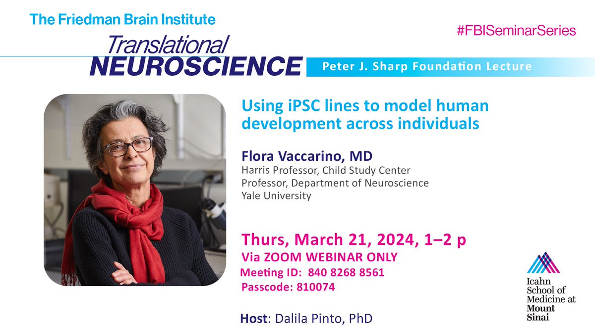 COMING UP! On Thurs, 3/21, 1pm, JOIN the #FBISeminarSeries & host Dr. Dalila Pinto (@dalilapinto_sci) in welcoming @YaleMed's Dr. Flora Vaccarino; 'Using iPSC lines to model human development across individuals'. Learn More about Dr. Vaccarino & her work🧬
medicine.yale.edu/profile/flora-…