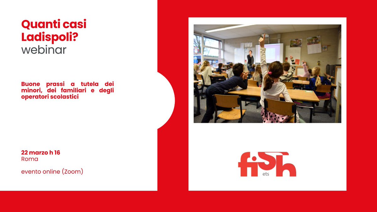 fish_ets's tweet photo. Venerdì 22 marzo alle 16 FISH promuove il webinar Quanti casi Ladispoli? sul tema dell'inclusione scolastica degli alunni con disabilità. Qui tutte le info 👉 https://t.co/dJaT9ji6jw https://t.co/4S6ItVnJfI