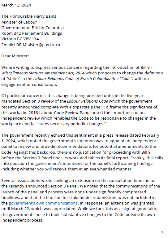 BoardofTrade's tweet photo. BC's business community has serious concerns regarding Bill 9.

Gov't is bypassing an ongoing review of the Labour Relations Code, ignoring its own consultation, to legislate a major change with wide-ranging economic consequences.

Read our letter to the @bcndp gov't⬇️#bcpoli https://t.co/1w7o7ZeSCK