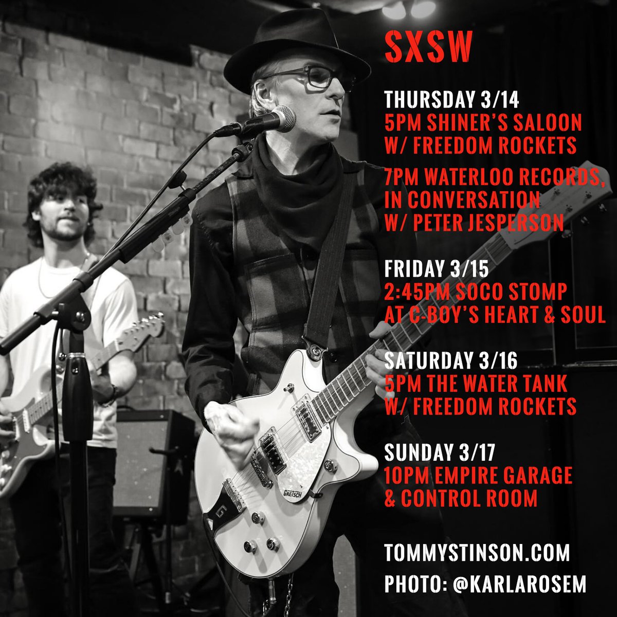 howdy yalls, it looks as though i’ll be all over the sxsw fest this week! i’ll be playing w/ @freedomrocketsband, instore book signing with @peterjesperson11 for his book euphoric recall as well as a couple solo shows with guests? 📸by @karlarosem 🔗: tommystinson.com