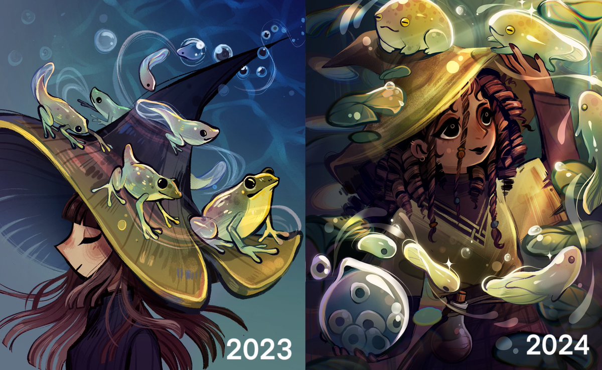 Two frog witches drawn a year apart🐸
