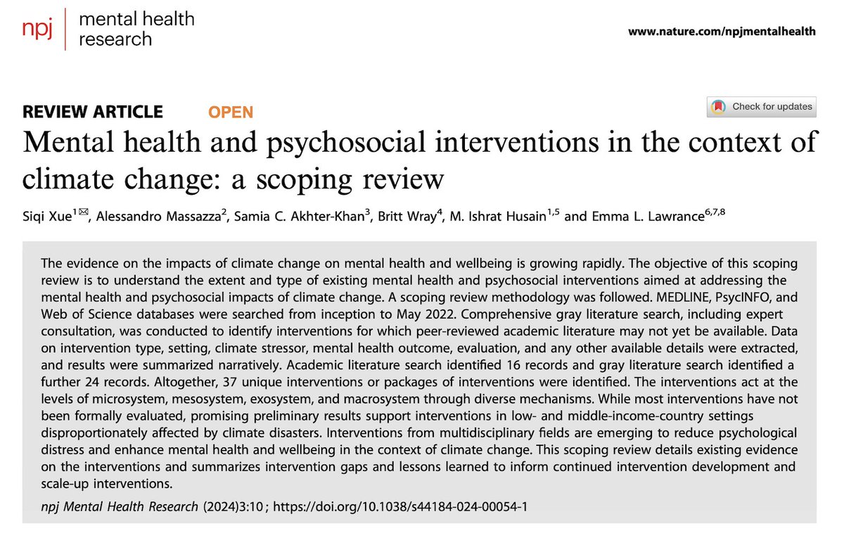 📰New review article is out! This is the first scoping review that aims to identify #MentalHealth and psychosocial interventions🧠 that have been implemented in the context of #ClimateChange 🌎 We're excited to share it with you! Read full paper here⬇️ nature.com/articles/s4418…