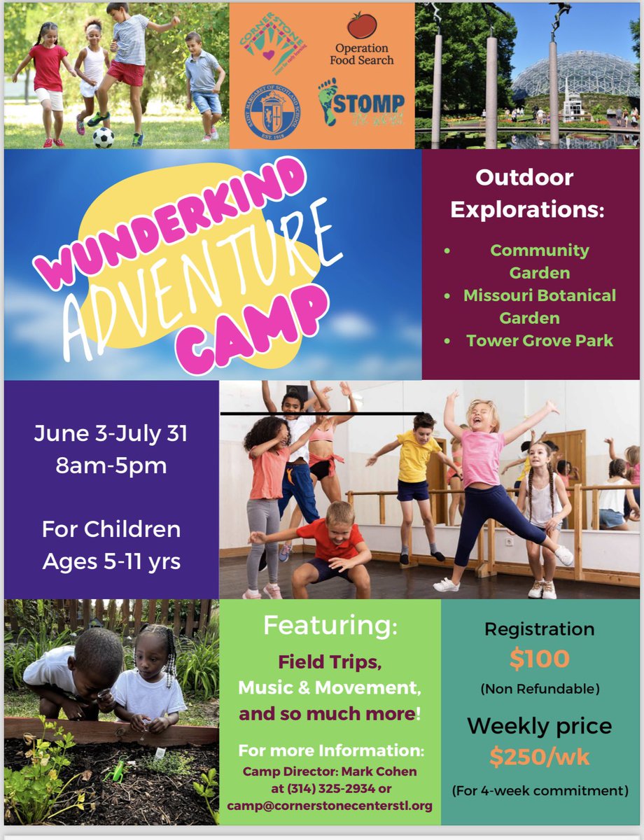 stomptheworld's tweet photo. Children 5 - 11 don’t want to miss out on this exciting new camp this summer! Lots of adventures planned! #stlouiscity #stl #stlouis #summercamp #STLSummerCamp https://t.co/FoYDLtSjmm
