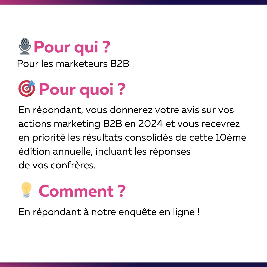 Budget, effectifs : à la hausse, à la baisse ? Sur quels #médias allez-vous miser ? Pour quels résultats ? 🧐 Les marketeurs B2B de la tech continuent de faire face à de nombreux défis en 2024 🎯. Parlez-nous en ! adelanto.enquete-en-ligne.com/cgi-bin/HE/SF?…