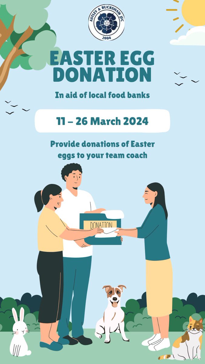 🫵Astley and Buckshaw JFC needs you!

🥚Between March 11th-26th we’re collecting Easter Eggs to share with local foodbanks. 

If you’re able to help, drop them with team coaches ahead of training and matches -  and we’ll do the rest! 

🐣Please share and get involved if you can!
