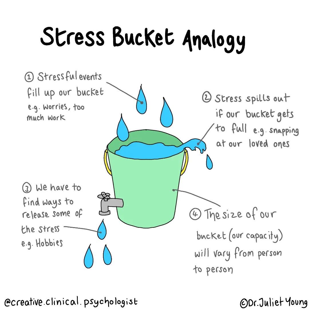 Love this diagram from Dr Juliet Young. If you work with young people, the stress bucket can be a brilliant way to help them identify and manage stress.