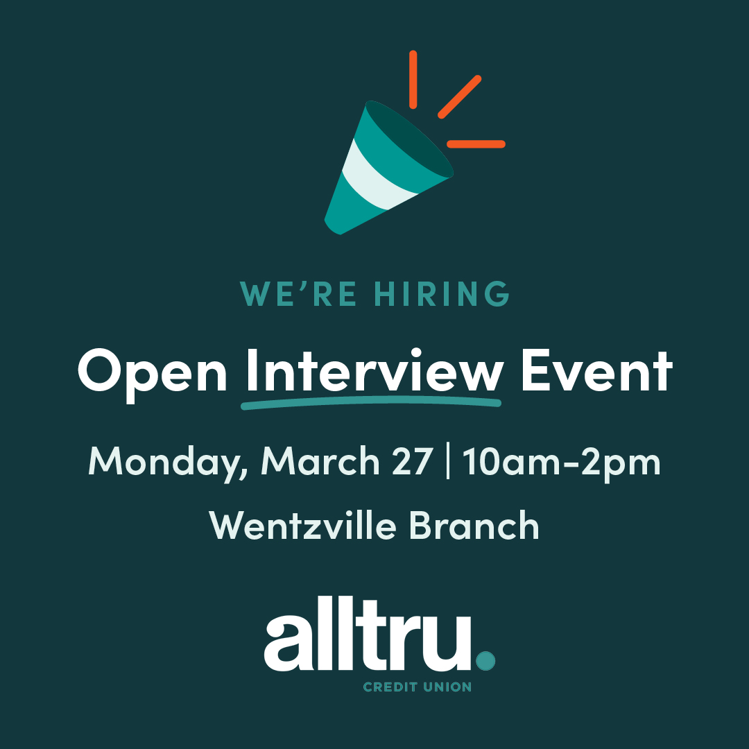 betterwaytobank's tweet image. Come chat with our recruiters about open positions on our teams! Alltru is hosting an open interview event on Wednesday, March 27th from 10:00am-2pm at our Wentzville location.

Find full event details here: ow.ly/ClYF50QRqSP

#openinterviews #stlouisjobs #hiring #banking