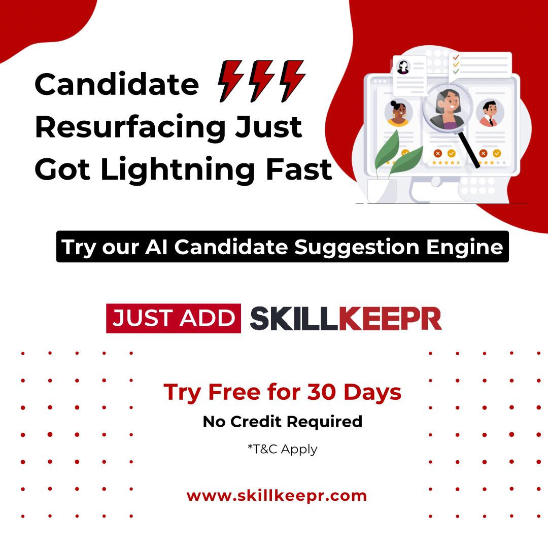 Skillkeepr's AI candidate suggestion engine matches the best candidates to your job openings in seconds.

Visit skillkeepr.com and enjoy 30 days free trial.

#AIrecruitment #hiringmadeeasy #innovativetechnology #recruitmentprocess #candidateengines #skillkeepr