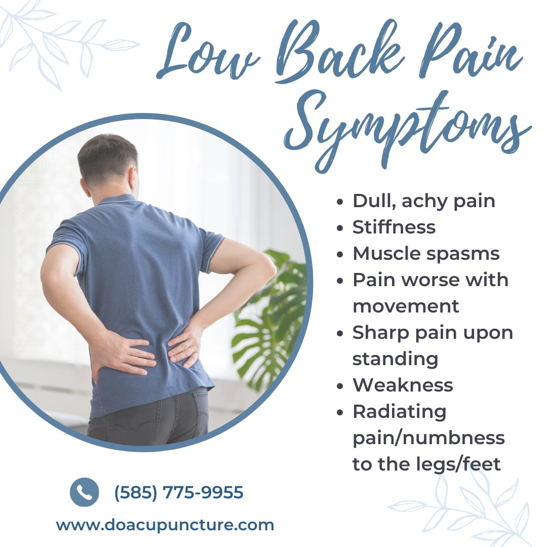 Everyone experiences #lowbackpain differently. It can show up as dull, achy pain, stiffness, worse with movement, etc.

We have seen great results treating low back pain with #acupuncture. Call us to get pain relief you have been looking for. 

#Rochester #NY #RochesterNY