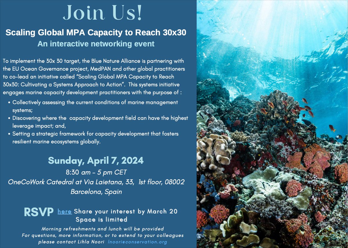 OceanDecadeECOP's tweet photo. Join the Blue Nature Alliance who are co-hosting the event “Scaling Up Global MPA Capacity to Reach 30x30 Cultivating a Systems Approach to Action”

📆7 April 2024 @ OneCoWork Catedral, Barcelona

Fill in the form to RSPV: https://t.co/dRpWbmIzY2 https://t.co/Txv8Iz0rZb