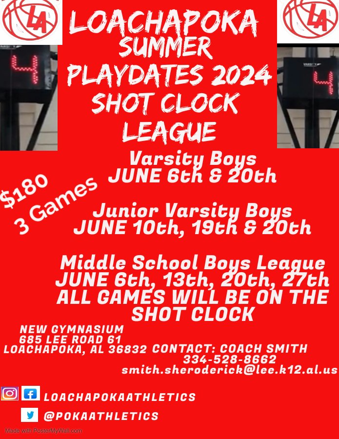 Loachapoka Boys Basketball 2024 summer league SHOT CLOCK playdates. 2-3 Officials, 1 clock operator, 1 shot clock operator. #paokapride @LoachapokaAD #pokabasketball #pokahoops