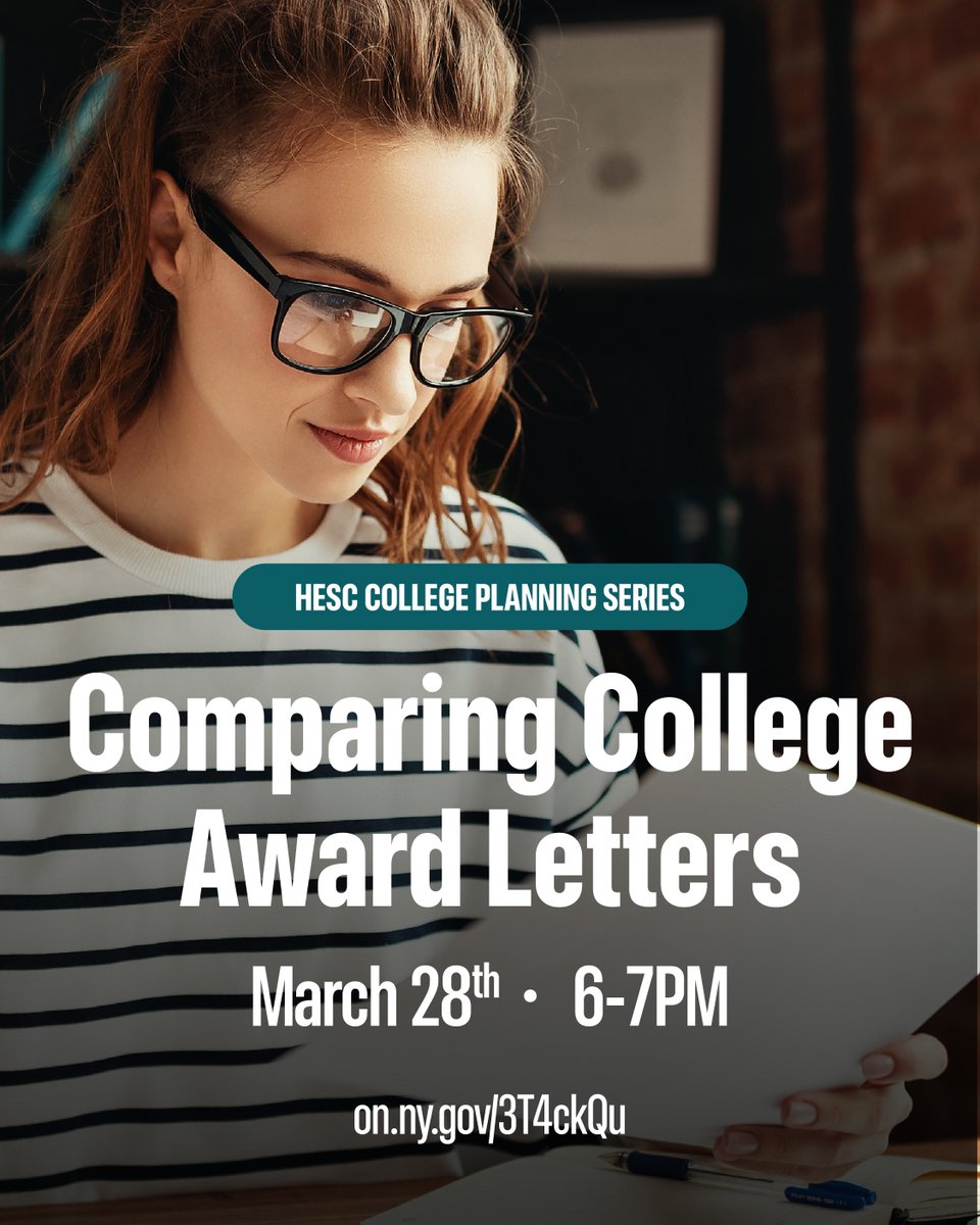 NYSStudentAid's tweet image. Learn how to compare key college award letter details like cost, grants, scholarships, and loans to help you make informed choices about affordability and which colleges you can attend. Get expert help by joining us at: on.ny.gov/3T4ckQu.

#College #FinancialAid #HESC #NYS