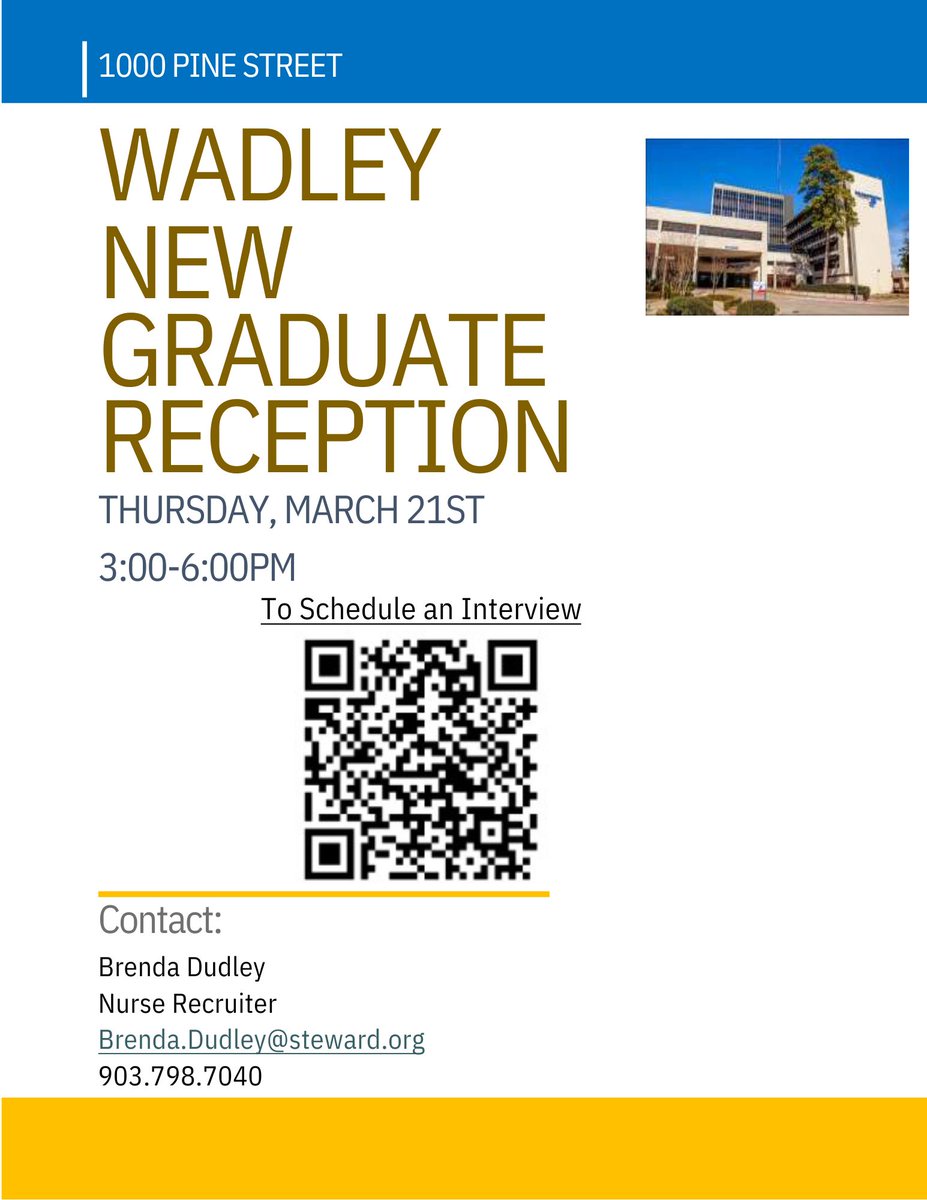 Are you graduating with your RN degree?  Come talk to Wadley!!  
😊Yes!!  WE ARE HIRING!!! 
Register with the QR code or click the link below to schedule your interview with one of our department directors: bit.ly/3vbLzBz