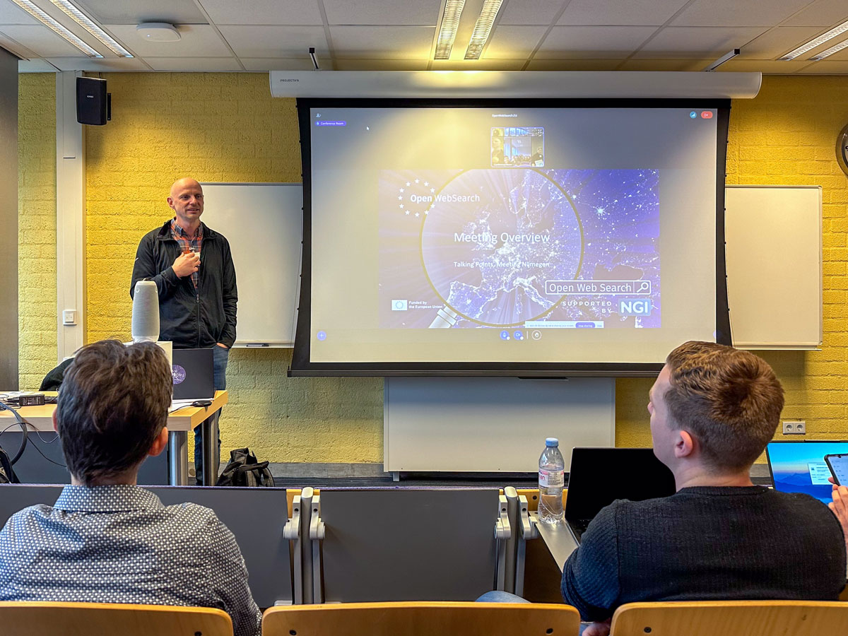 OpenWebSearchEU's tweet photo. 🚀 The https://t.co/tPpNUZXJTq Midterm Consortium Meeting kicked off today at @Radboud_uni. Technical, legal, ethical + economic questions are to tackle. But there's also time to chat + socialize. A perfect opportunity to show off the #OWSome shirts that we launched today :wink: https://t.co/7hcS4kuwBI