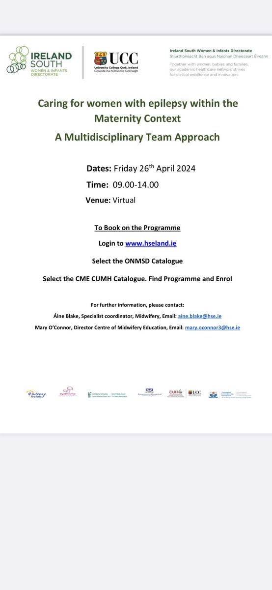 Enrolment has opened on HSELanD for the upcoming virtual programme ‘Caring for women with epilepsy within a maternity context’ on April 26th 2024. Great line up of speakers ⭐️⭐️⭐️ Contact details below ⬇️