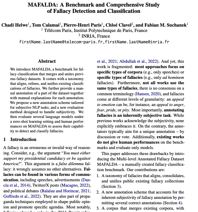 Chadi_Helwe's tweet photo. 🎉 Excited to share the news that my paper titled "MAFALDA: A Benchmark and Comprehensive Study of Fallacy Detection and Classification" has been accepted in the main conference of NAACL 2024! 📝

#NAACL2024 #LLM #AI #NLP #MachineLearning #DeepLearning #NaturalLanguageProcessing https://t.co/wrjWVEc3uh