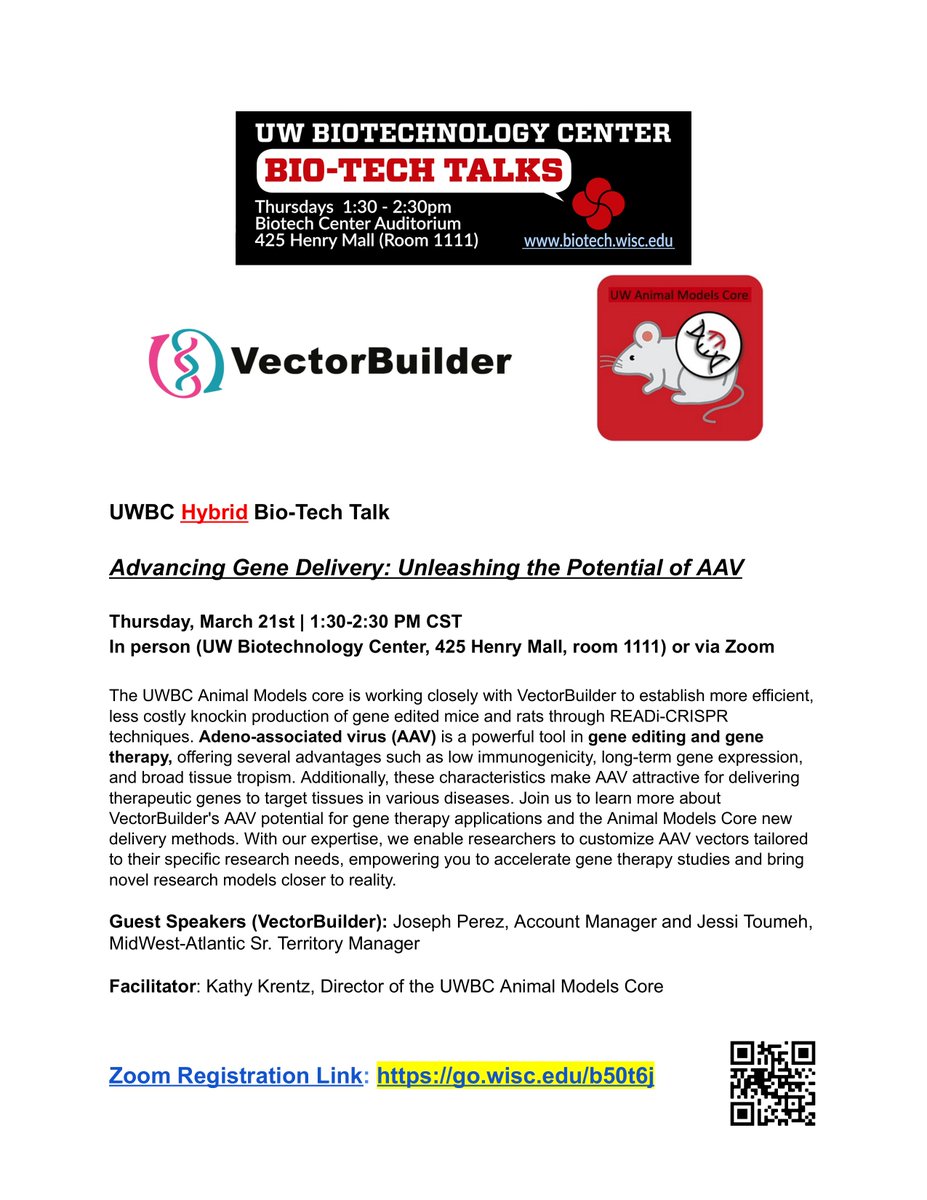 Join us on March 21st (1:30-2:30) for our monthly hybrid UWBC Bio-Tech Talk! Guest Speakers (VectorBuilder): Joe Perez and Jessi Toumeh <a href="/VectorBuilder/">VectorBuilder</a>. "Advancing Gene Delivery: Unleashing the Potential of AAV" In-person (425 Henry Mall) or via Zoom: go.wisc.edu/b50t6j