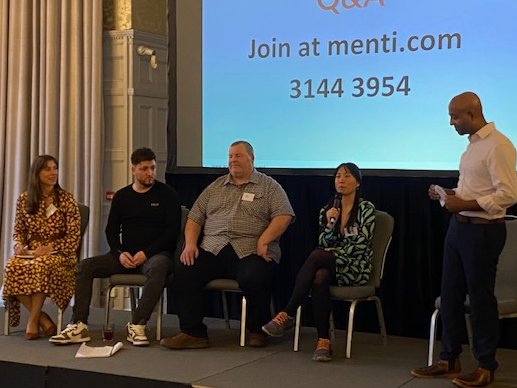 Final panel of the day with @navaratnampart1, Dominic Watters @SingleDadSW, Mike Duxbury from @InclusiveFarm, @Mason14Caroline and Catherine Chong. Insightful, informative discussion on barriers to change, diversity in farming and food insecurity. #AFNBigTent