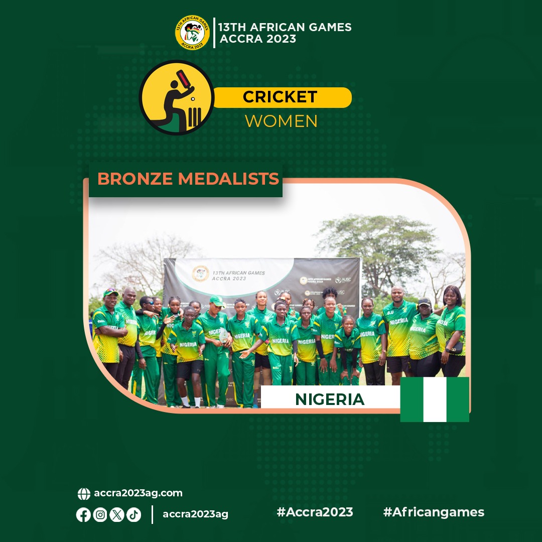 #AfricanGames2023 women’s cricket medal winners

🥇Gold -  Zimbabwe 
🥈 Silver -  South Africa 
🥉Bronze - Nigeria

Congratulations to Team Zimbabwe.

#AfricanGames2023
#ExperiencetheAfricanDream