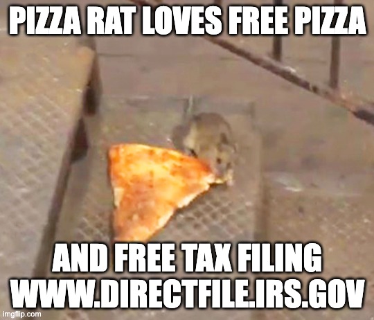 Did you know the average taxpayer spends $150 to file taxes? Save the money and buy a pizza slice for Pizza Rat

You know that #PizzaRat is all over free tax filing for New Yorkers! Go to directfile.irs.gov to file your taxes FOR FREE! #DirectFile