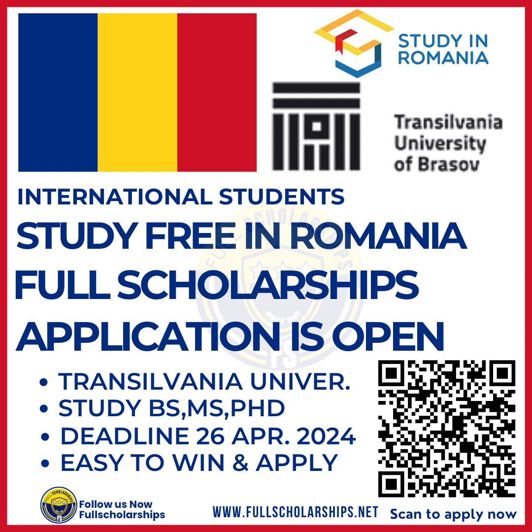 fullscholars's tweet image. 🇷🇴Study Free in Romania - Transilvania University Fully Funded Masters, PhD Scholarships 2024-2025 for International Students

Apply here  - kashmirlook.com/2024/03/study-…

#fashioncollection #garskin #merterwholesale #scholarship #scholarship #studyabroad #students #india #visa #europe