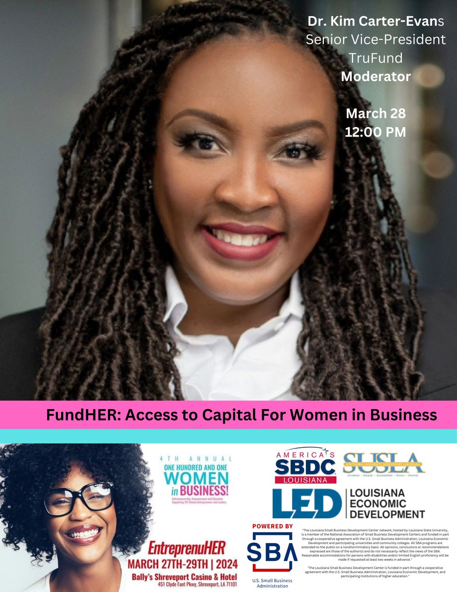 Don't miss the "101 Women in Business Conference" (On the Red)
March 27-29
Bally's Casino &amp; Hotel - 451 Clyde Fant Pkwy, Shreveport, LA
For more information and to register, click here:
www2.lsbdc.org/workshop.aspx?…
#SUSLA #LSBDC #SBA
