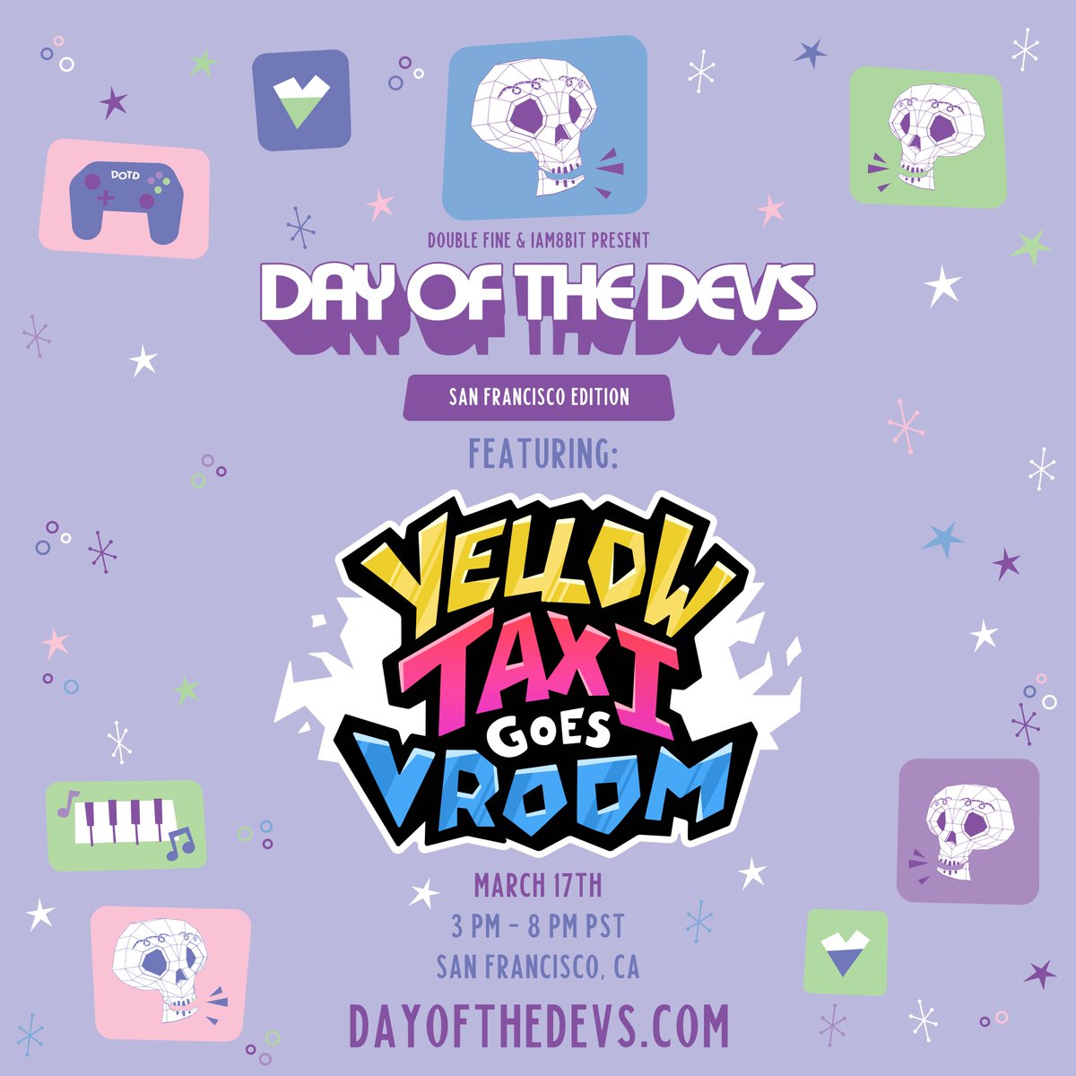 Get ready for a crazy ride at #DayOfTheDevs 🚕💨💀

We're honored to show off Yellow Taxi Goes Vroom at @dayofthedevs in San Francisco this weekend! 

Thank you so much for your support @iam8bit & @DoubleFine! ❤️🚖