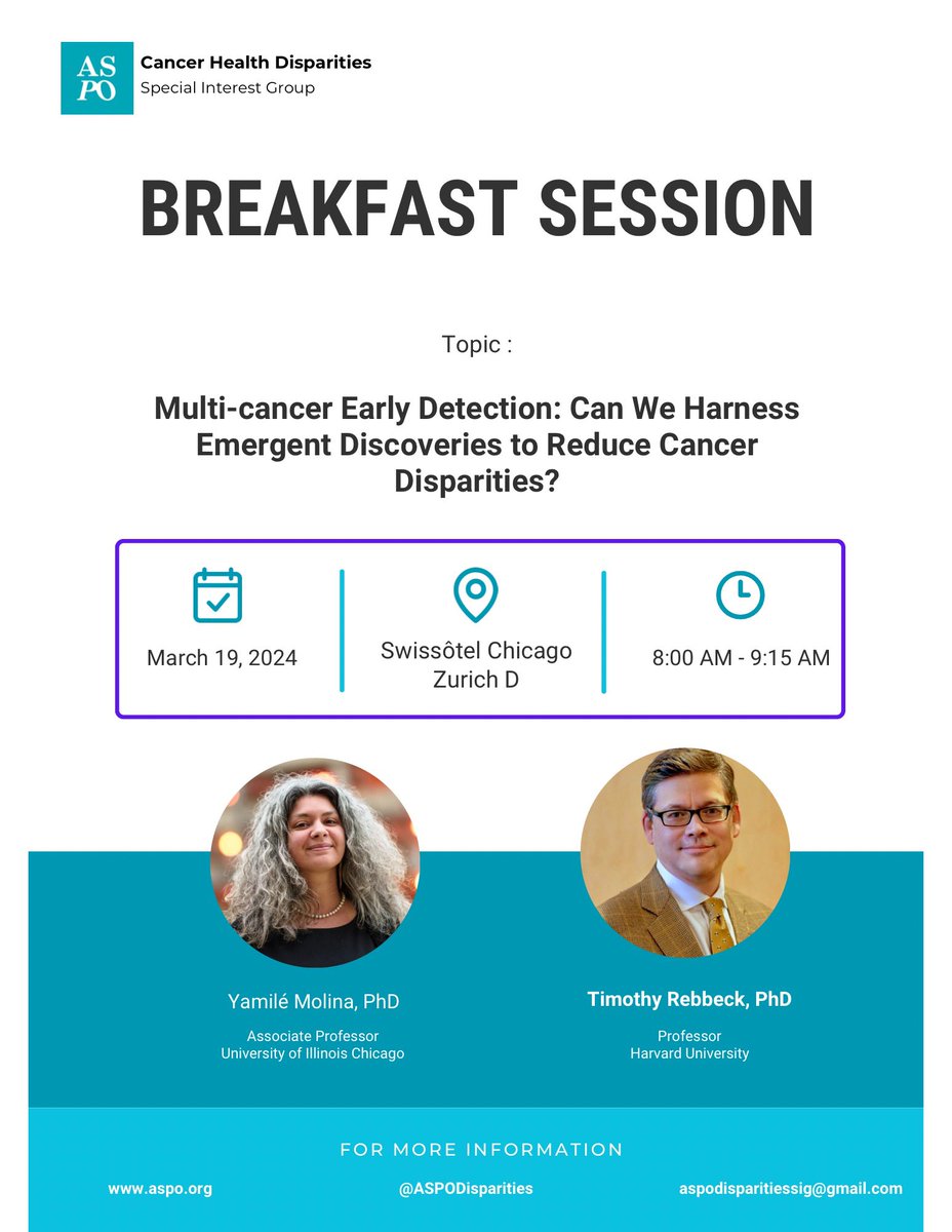 @ASPrevOnc #ASPO24 or is it #ASPO2024 👀! 🚨Next Tuesday 3/19 join @ASPODisparities SIG & our guests #YamileMolina & @TimRebbeck to discuss “Multi-cancer Early Detection: Can We Harness Emergent Discoveries to Reduce Cancer Disparities?” See ya’ll in Chi-town! 😉