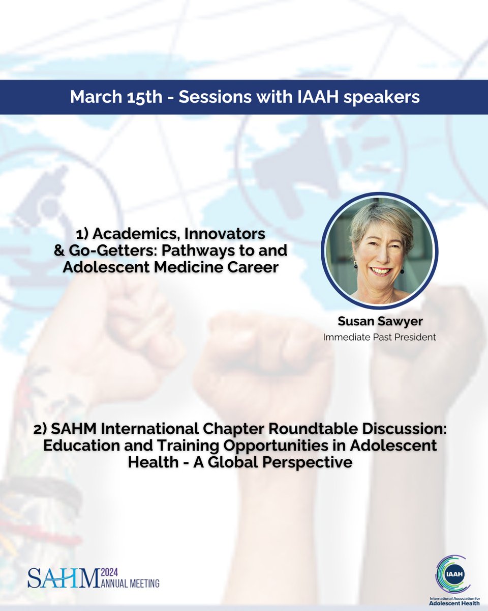 🤝 IAAH at SAHM! 🙌 IAAH council members Jon Klein, Susan Sawyer, Meera Beharry, and María del Carmen Calle Dávila will be attending the 2024 Society for Adolescent Health and Medicine Annual Meeting. Register Here bit.ly/3Us6FGh