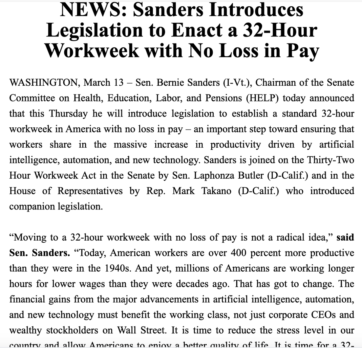 Bernie Sanders is introducing a bill in Congress to establish a 4-day work week for the first time in US history, and it's backed by major unions including the AFL-CIO, UAW, SEIU, AFA-CWA and UFCW.  People want to work less, and now there's federal legislation to make it happen.
