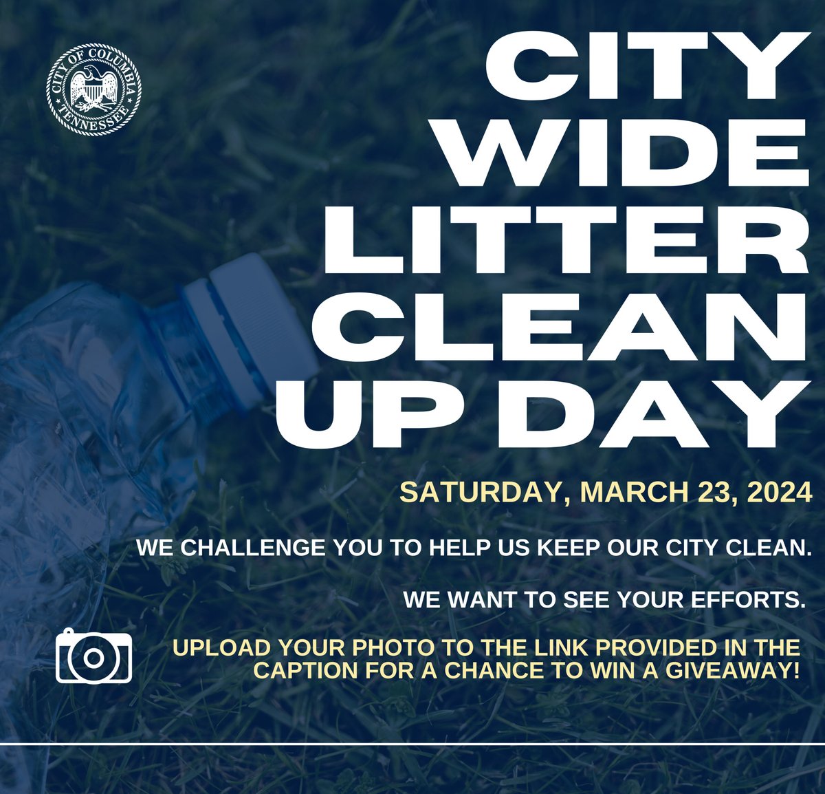 Let's roll up our sleeves and make a difference together! 🚯 Join us for a citywide litter clean-up day on 3/23/24. Upload a photo of your efforts to bit.ly/4c36A22 for a chance to be entered into a giveaway! Let's do our part & leave and impact. 💚 #CityofColumbiaTN