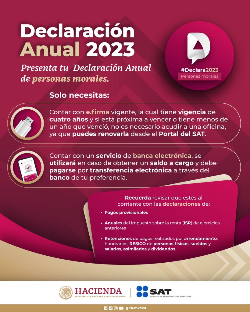 SATMX's tweet photo. Conoce los requisitos para presentar tu Declaración Anual 2023 de personas morales. 

#Declara2023 aquí: https://t.co/6i09bZPM13

Renueva tu e.firma: https://t.co/3KF1sTGfn2 https://t.co/zWQ37FGJt7