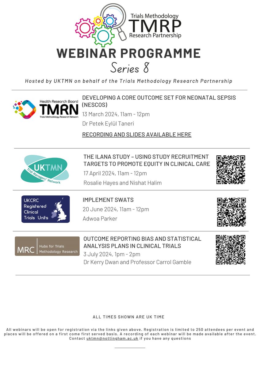 Series 8 of the @MRCNIHRTMRP webinar series is now in full swing with a variety of interesting sessions on trial methodology from across the UK and Ireland. Have you booked your place yet? #UKCTUNetwork #ClinicalTrials #ResearchMethodology