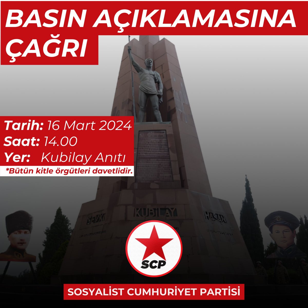 scpresmi's tweet photo. ÇEDES projesi kapsamında, Şehit Öğretmen Kubilay'ın faillerinden Esat Erbilli'nin mezarına öğrencilerin götürülmesi kabul edilemez!
 
16 Mart 2024 tarihinde,saat 14.00'te İzmir Kubilay Anıtı'nda #HepimizKubilayız diyoruz! 

Tüm yurttaşlarımız ve kitle örgütleri davetlidir.
#İzmir https://t.co/ntv4rkULiw