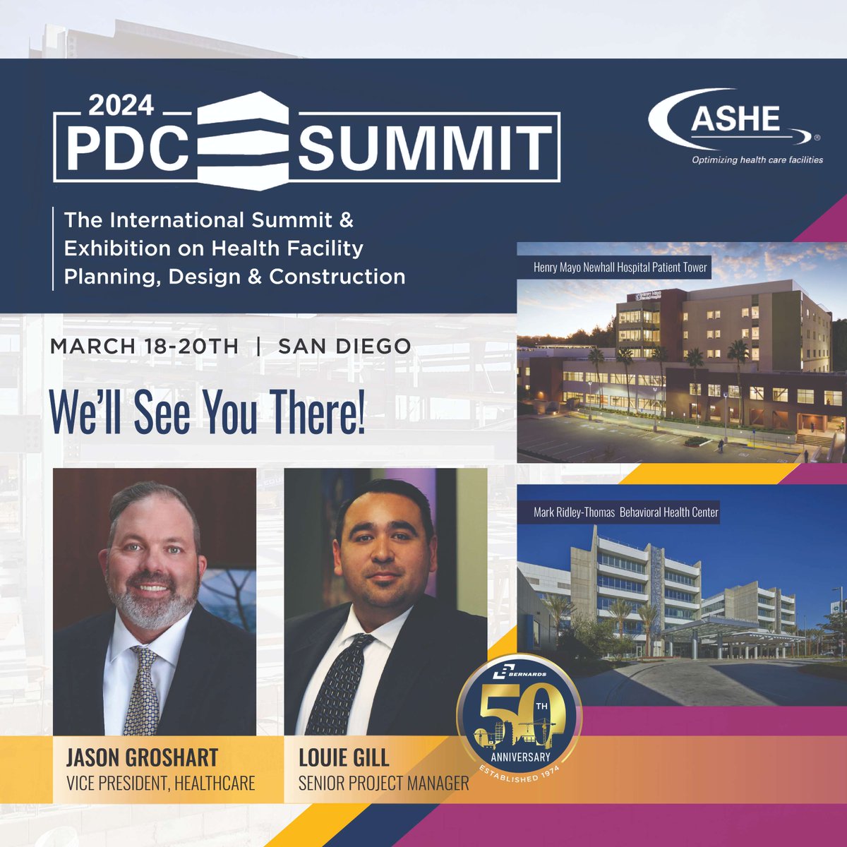 Are you planning to attend the <a href="/ASHEAHA/">ASHE</a> PDC Summit? 

The Bernards #Healthcare team will be in San Diego from March 18th-20th! VP of Healthcare, Jason Groshart, and Sr. Project Manager, Louie Gill, are thrilled to connect with industry leaders and professionals. See you there!