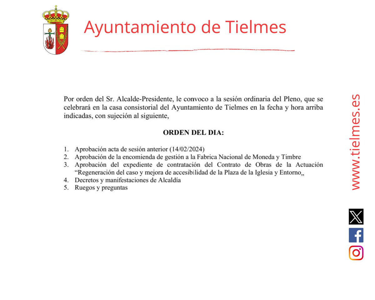🔊 Pleno Ordinario 

📅 Jueves 14 de marzo

⏰ 19:00 

📍Ayuntamiento de Tielmes 

👇 Orden del día 

#TielmesEsCorazón