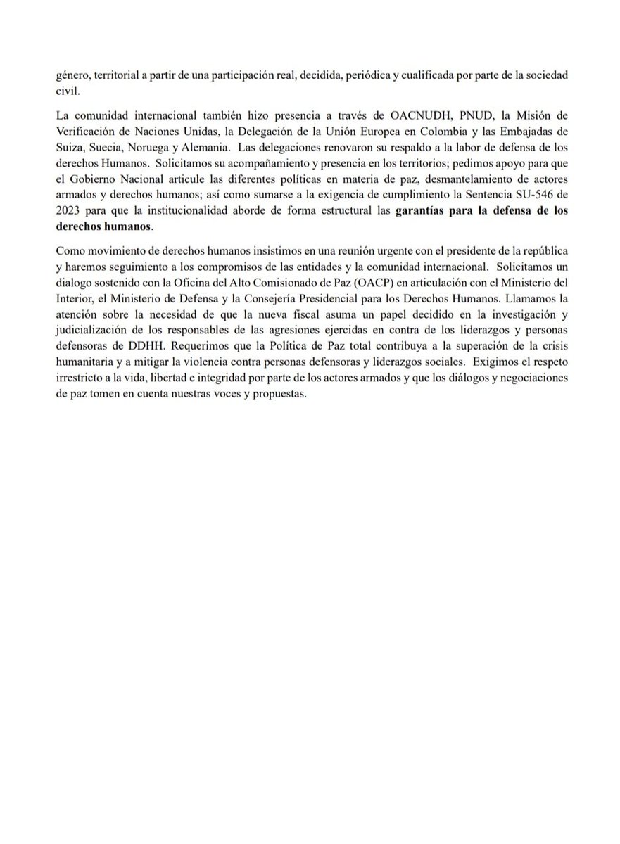 #Comunicado Vocerías Territoriales del Proceso Nacional de Garantías con el apoyo de las Plataformas de DDHH y @SomosDef evaluamos la difícil situación de DDHH en las regiones. Hacemos un llamado urgente y exigimos acciones contundentes de parte del Gobierno Nacional.