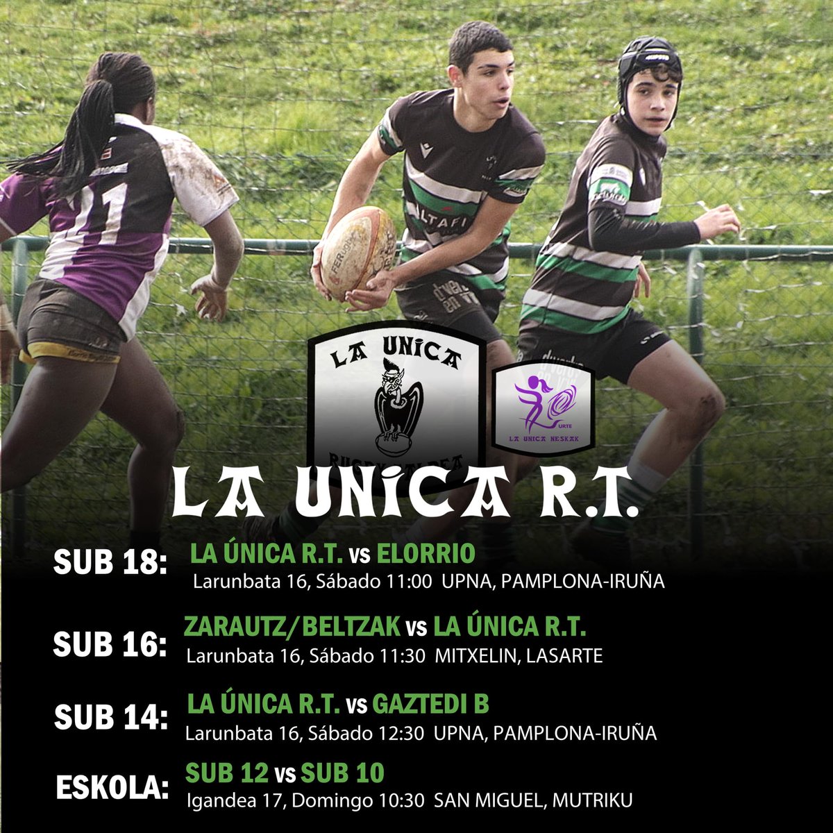 LaUnicaRugby's tweet photo. 📆🏉 CARTELERA DEL FIN DE SEMANA | ASTEBURUKO KARTELDEGIA
@ElorrioRugby, @zarautzrugby, @GAZTEDI_RUGBY, @rugbyberabera, @ORDIZIARUGBY.
#taldeagara
#aupalurt
#AnimatuEtaBultz
@altafit @AfflelouLaLinea Apartamentos Zabalarena
@naparugbi @UNavarra https://t.co/lcG1jdujpA