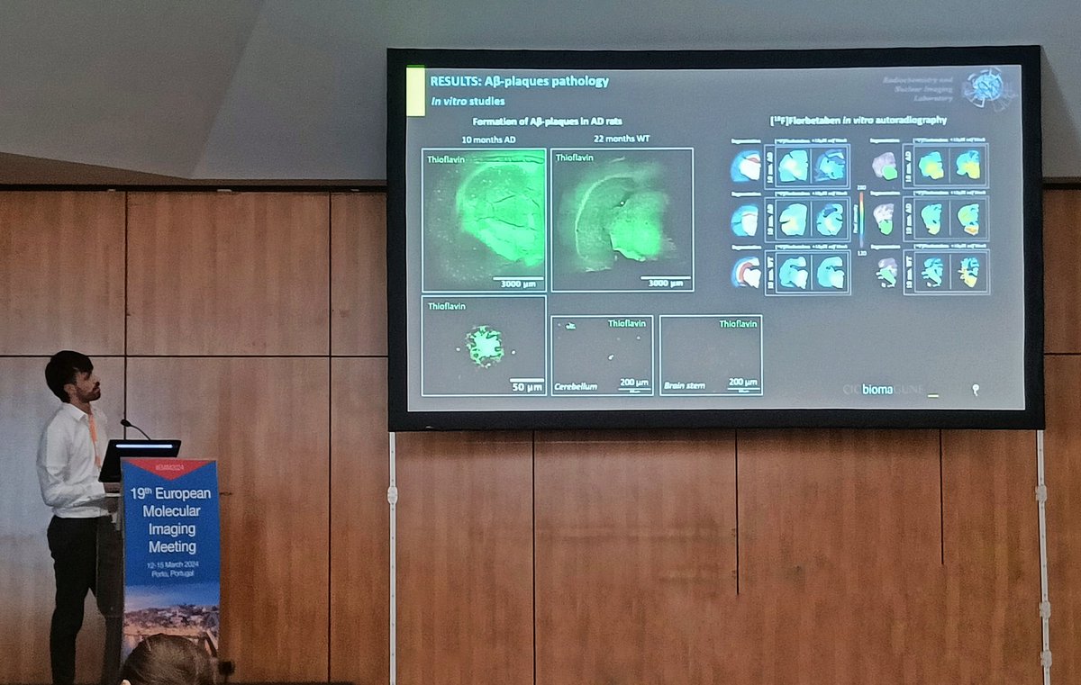 Amazing talk from Oscar presenting his latest results at #EMIM24 on the longitudinal PET study with the TgF344-AD rat model 🐁 @CICbiomaGUNE