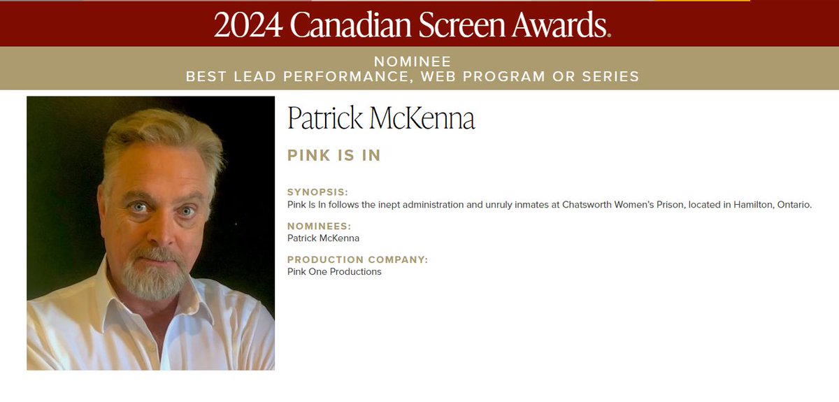 Congrats to Patrick McKenna on his Canadian Screen Award nomination for #pinkisinshow <a href="/realpatmckenna/">Patrick McKenna</a> <a href="/TheCdnAcademy/">The Canadian Academy</a>