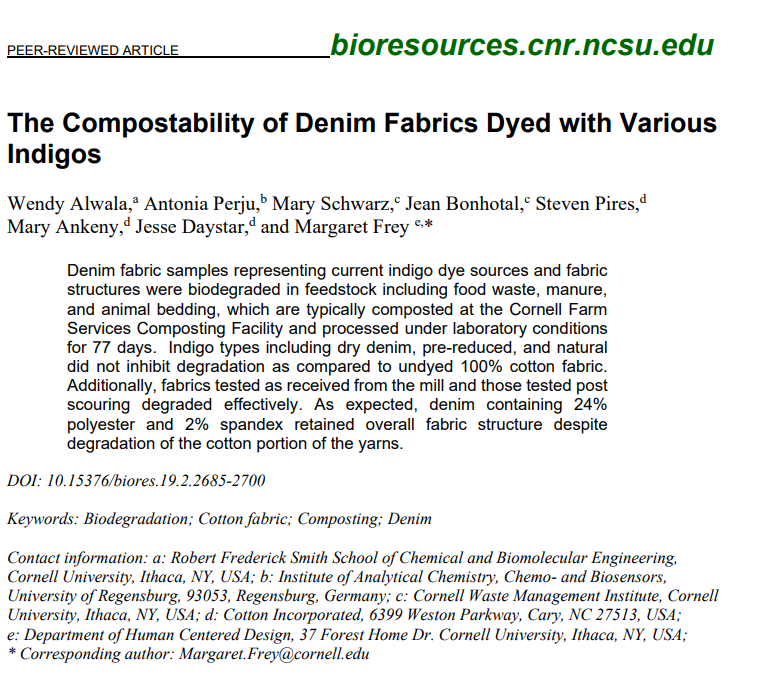 BioResJournal's tweet image. A collaboration w/ @Cornell &amp;amp; @CottonInc on #biodegradation of dyed fabrics associated with textile &amp;amp; denim fabric disposal: The #compostability of #denim fabrics dyed with various indigos. 

buff.ly/3IxgsDs 

#BioResJournal #OpenAccess #compost #cotton